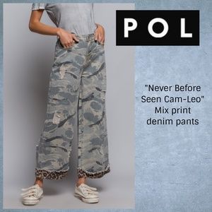 POL "Never Before Seen CAM-LEO" Mixed Camo & Animal Print Flared Leg Denim Pants